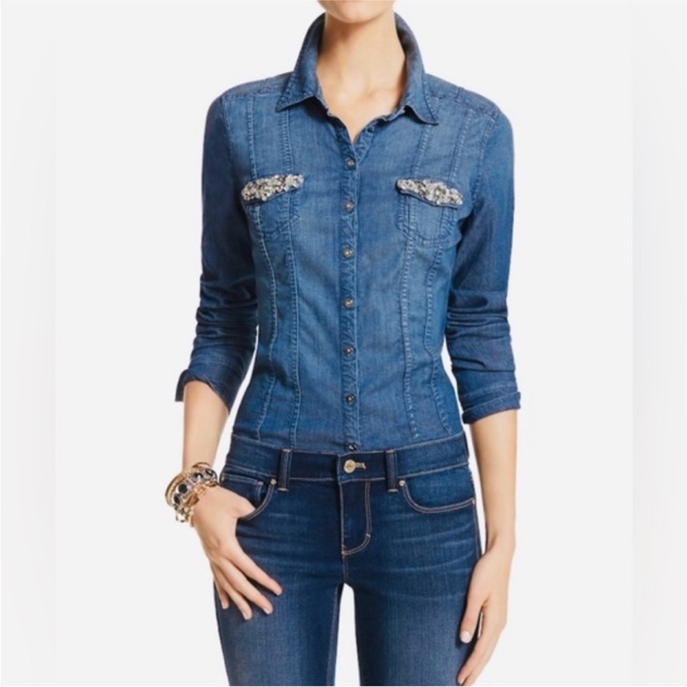White House Black Market Blue denim rhinestone Button Down Shirt size 0